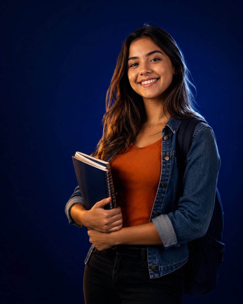 Estudante sorrindo, segurando cadernos, pronta para ingressar na graduação da Faculdade SEUNE